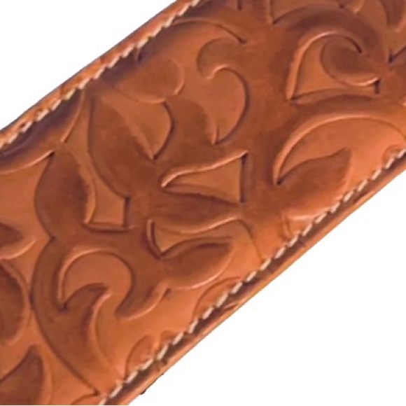 Harold’s Leather Brown Belt Fringe Brown Embossed Tooled Floral Boho Vintage SM - Picture 9 of 11